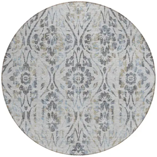8' Gray Black And Green Round Floral Washable Indoor Outdoor Area Rug Photo 6