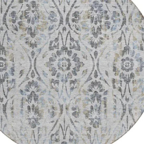 8' Gray Black And Green Round Floral Washable Indoor Outdoor Area Rug Photo 5