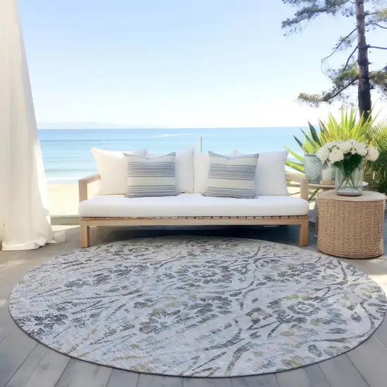 8' Gray Black And Green Round Floral Washable Indoor Outdoor Area Rug Photo 7