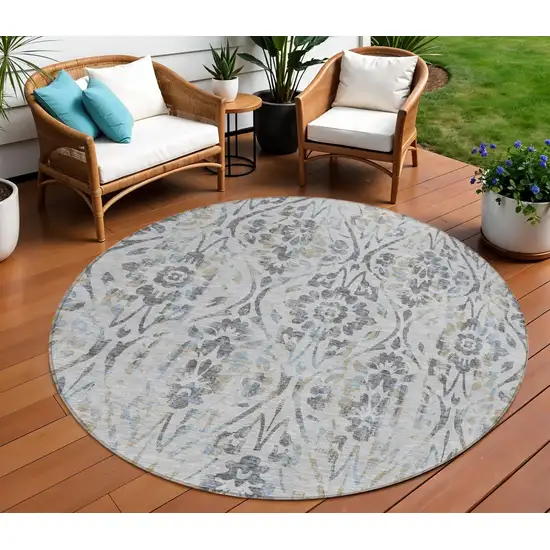 8' Gray Black And Green Round Floral Washable Indoor Outdoor Area Rug Photo 1