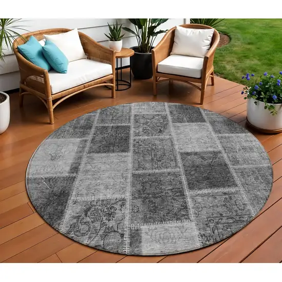 8' Gray Charcoal And Silver Round Patchwork Washable Indoor Outdoor Area Rug Photo 1