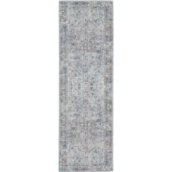 8' Gray Floral Power Loom Distressed Washable Runner Rug Photo 1