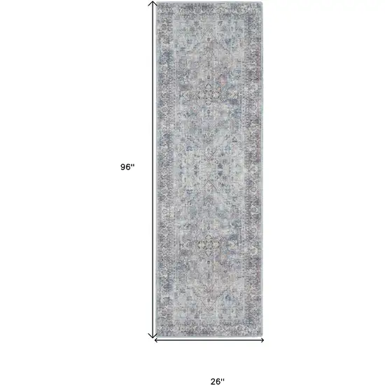 8' Gray Floral Power Loom Distressed Washable Runner Rug Photo 7