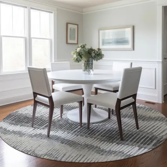 8' Gray Light Green And Ivory Round Striped Washable Indoor Outdoor Area Rug Photo 8