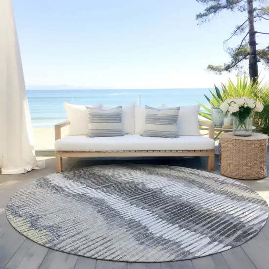 8' Gray Light Green And Ivory Round Striped Washable Indoor Outdoor Area Rug Photo 7