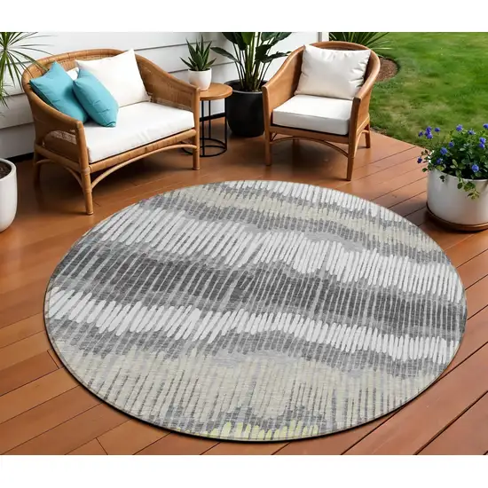 8' Gray Light Green And Ivory Round Striped Washable Indoor Outdoor Area Rug Photo 1
