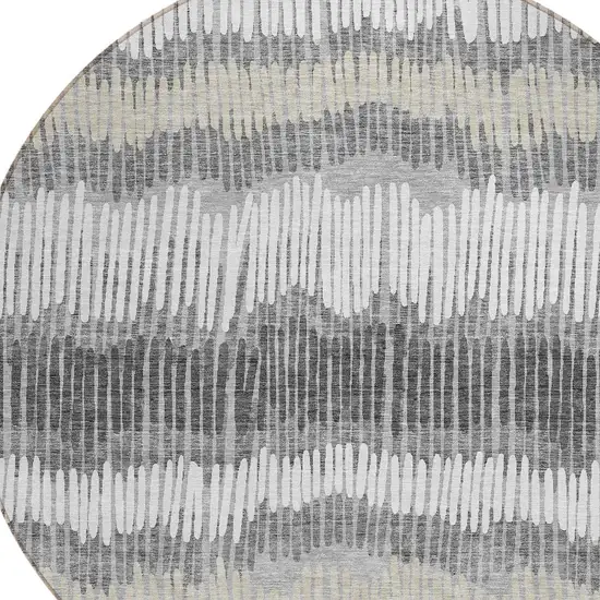 8' Gray Light Green And Ivory Round Striped Washable Indoor Outdoor Area Rug Photo 5