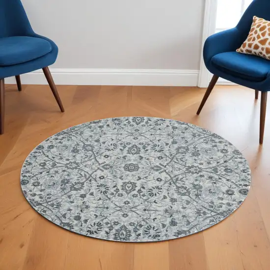 6' Charcoal and Gray Floral Power Loom Round Rug Photo 1