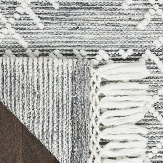 8' Gray and Ivory Geometric Hand Woven Runner Rug With Fringe Photo 7