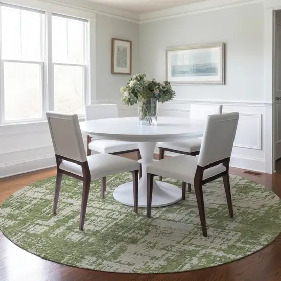 8' Green And Beige Round Abstract Washable Indoor Outdoor Area Rug Photo 8