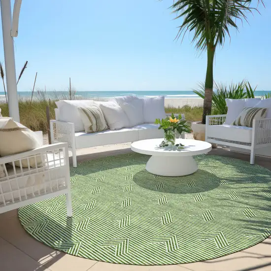 8' Green And Beige Round Geometric Washable Indoor Outdoor Area Rug Photo 6
