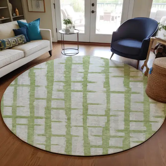 8' Green And Gray Round Striped Washable Indoor Outdoor Area Rug Photo 7
