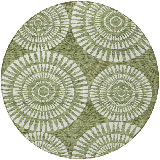 8' Green And Ivory Round Geometric Washable Indoor Outdoor Area Rug Photo 6