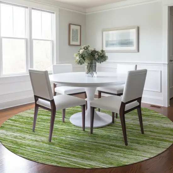 8' Green And Ivory Round Striped Washable Indoor Outdoor Area Rug Photo 7