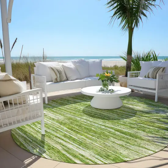 8' Green And Ivory Round Striped Washable Indoor Outdoor Area Rug Photo 6