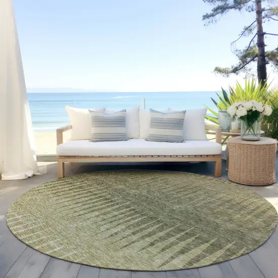 8' Green And Light Green Round Striped Washable Indoor Outdoor Area Rug Photo 6