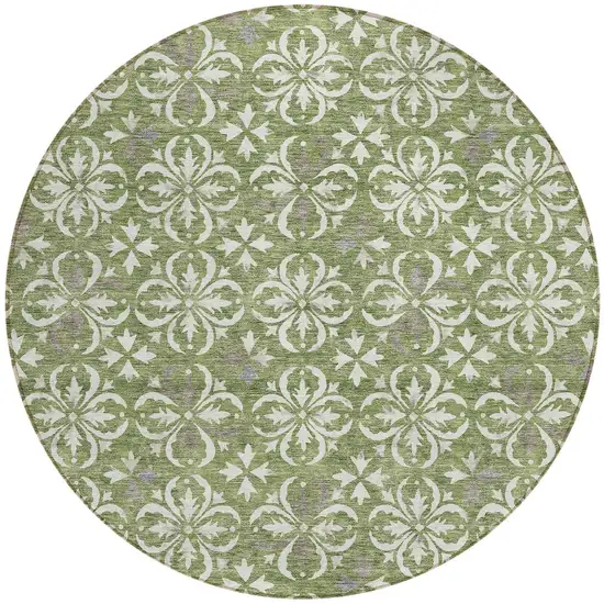 8' Green Gray And Ivory Round Floral Washable Indoor Outdoor Area Rug Photo 4