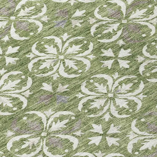 8' Green Gray And Ivory Round Floral Washable Indoor Outdoor Area Rug Photo 6