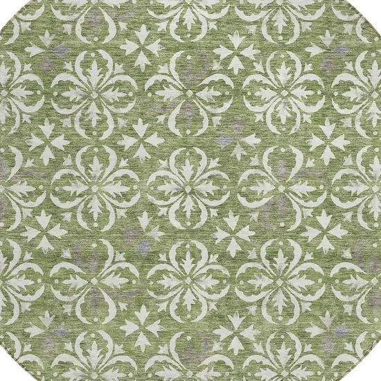 8' Green Gray And Ivory Round Floral Washable Indoor Outdoor Area Rug Photo 3
