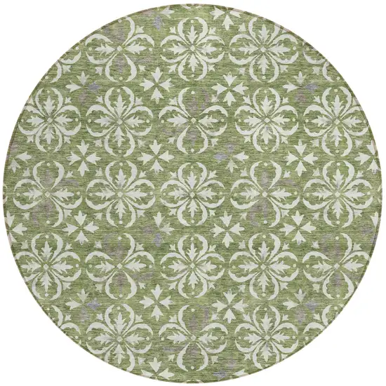 8' Green Gray And Ivory Round Floral Washable Indoor Outdoor Area Rug Photo 2