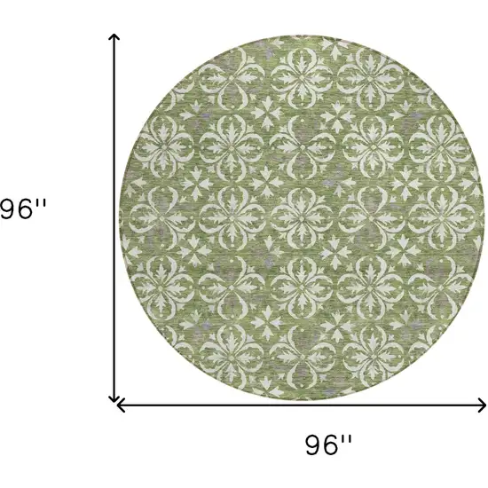 8' Green Gray And Ivory Round Floral Washable Indoor Outdoor Area Rug Photo 5