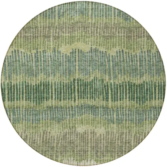 8' Green Gray And Ivory Round Striped Washable Indoor Outdoor Area Rug Photo 5
