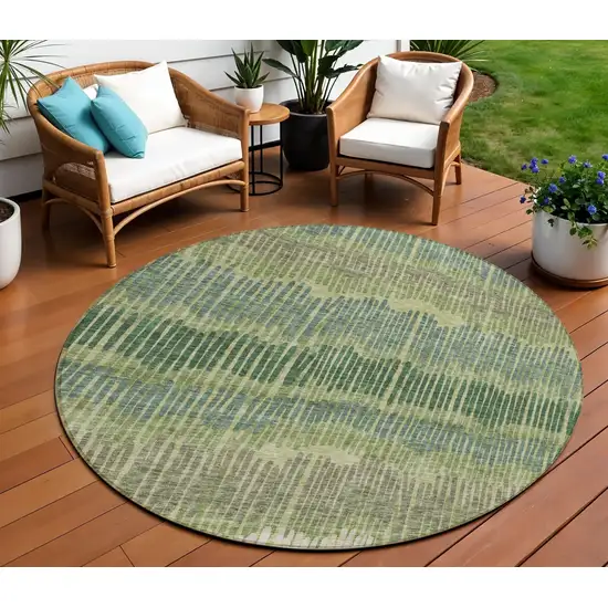 8' Green Gray And Ivory Round Striped Washable Indoor Outdoor Area Rug Photo 1