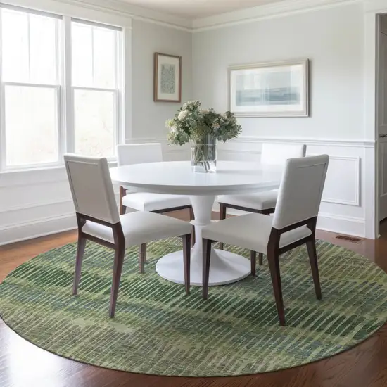 8' Green Gray And Ivory Round Striped Washable Indoor Outdoor Area Rug Photo 7