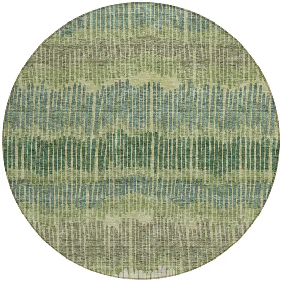 8' Green Gray And Ivory Round Striped Washable Indoor Outdoor Area Rug Photo 2
