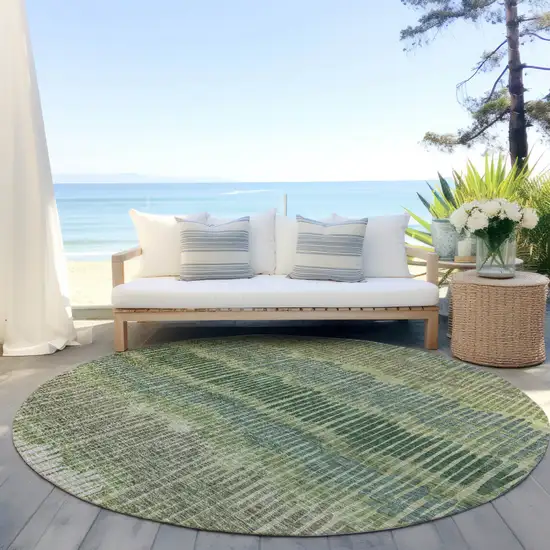 8' Green Gray And Ivory Round Striped Washable Indoor Outdoor Area Rug Photo 6