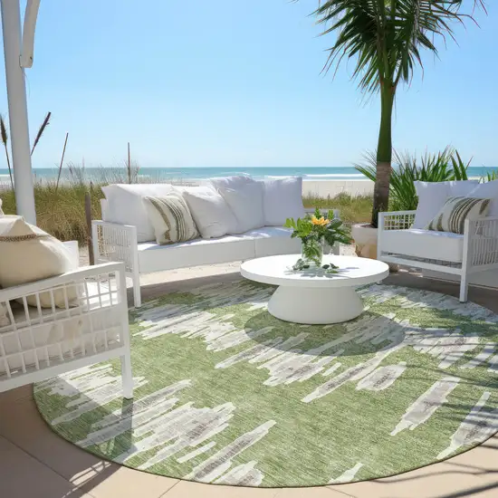 8' Green Gray And Ivory Round Striped Washable Indoor Outdoor Area Rug Photo 7