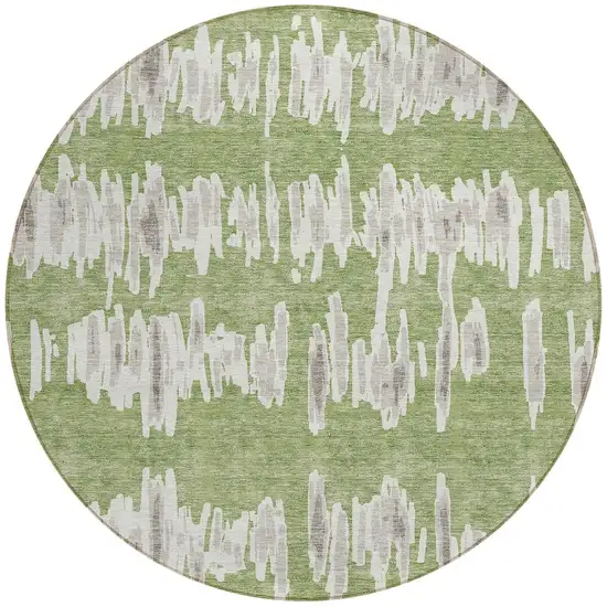 8' Green Gray And Ivory Round Striped Washable Indoor Outdoor Area Rug Photo 6