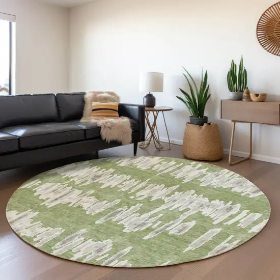8' Green Gray And Ivory Round Striped Washable Indoor Outdoor Area Rug Photo 8