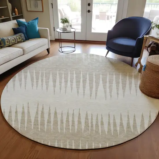 8' Ivory And Beige Round Striped Washable Indoor Outdoor Area Rug Photo 7