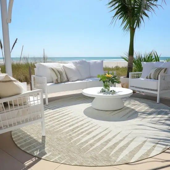 8' Ivory And Beige Round Striped Washable Indoor Outdoor Area Rug Photo 6