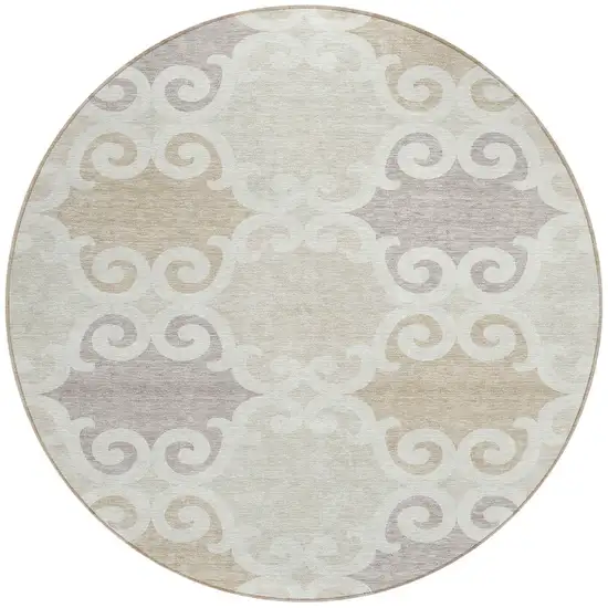 8' Ivory And Beige Round Trellis Washable Indoor Outdoor Area Rug Photo 4