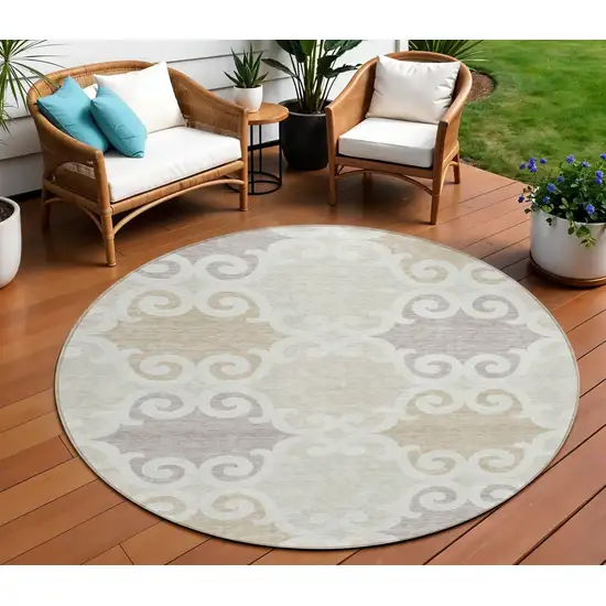8' Ivory And Beige Round Trellis Washable Indoor Outdoor Area Rug Photo 1