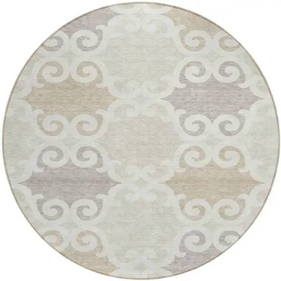 8' Ivory And Beige Round Trellis Washable Indoor Outdoor Area Rug Photo 2