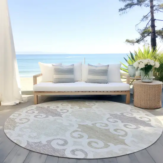 8' Ivory And Beige Round Trellis Washable Indoor Outdoor Area Rug Photo 6