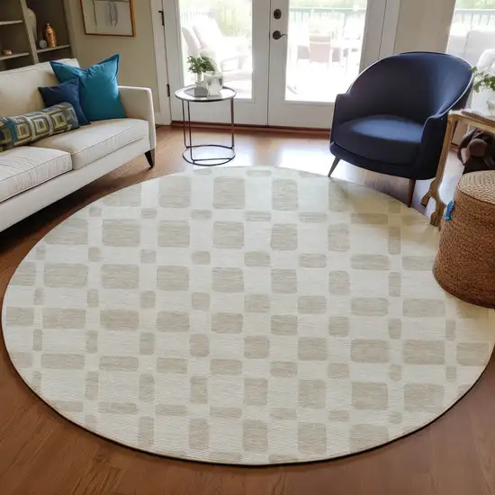 8' Ivory And Brown Round Geometric Washable Indoor Outdoor Area Rug Photo 7