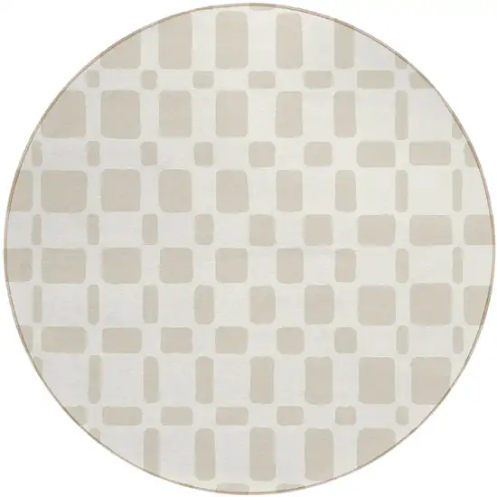 8' Ivory And Brown Round Geometric Washable Indoor Outdoor Area Rug Photo 2