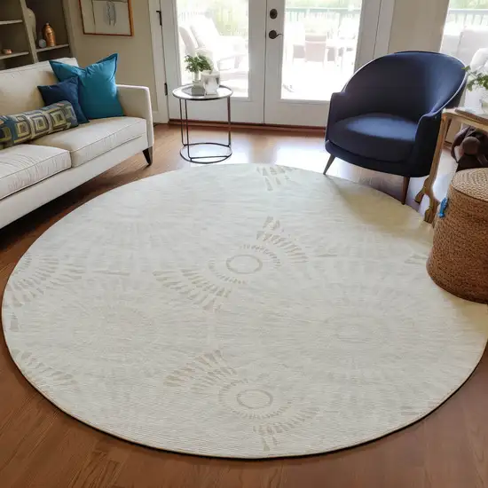 8' Ivory And Gray Round Geometric Washable Indoor Outdoor Area Rug Photo 8