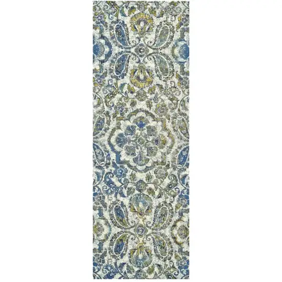 10' Ivory Blue And Green Floral Stain Resistant Runner Rug Photo 2