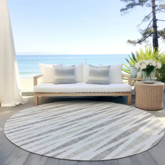 8' Ivory Brown And Beige Round Geometric Washable Indoor Outdoor Area Rug Photo 5
