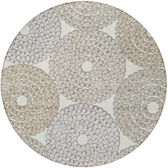 8' Ivory Brown And Gray Round Geometric Washable Indoor Outdoor Area Rug Photo 7