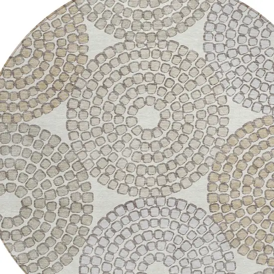 8' Ivory Brown And Gray Round Geometric Washable Indoor Outdoor Area Rug Photo 5