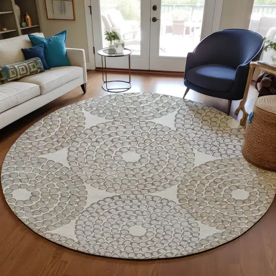 8' Ivory Brown And Gray Round Geometric Washable Indoor Outdoor Area Rug Photo 9