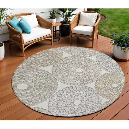 8' Ivory Brown And Gray Round Geometric Washable Indoor Outdoor Area Rug Photo 1