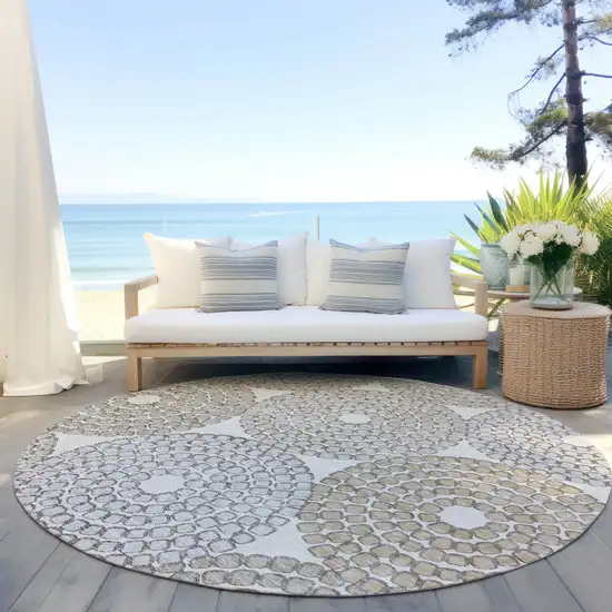 8' Ivory Brown And Gray Round Geometric Washable Indoor Outdoor Area Rug Photo 8