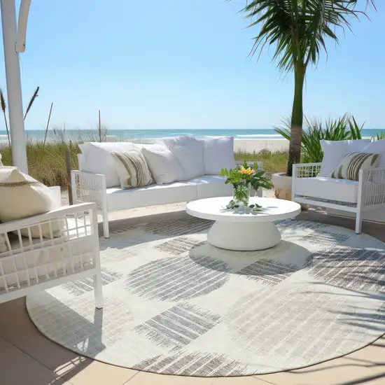 8' Ivory Brown And Gray Round Geometric Washable Indoor Outdoor Area Rug Photo 6